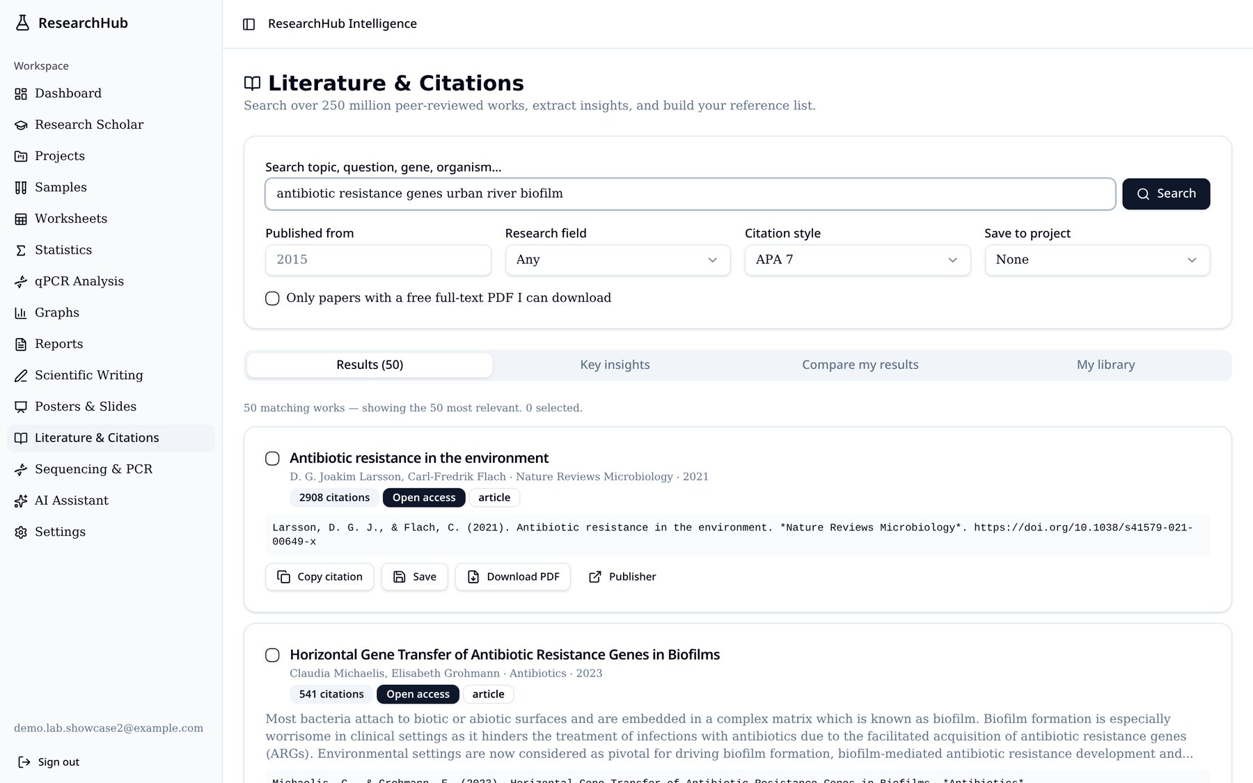 Literature search results in ResearchHub with citations and open-access download buttons